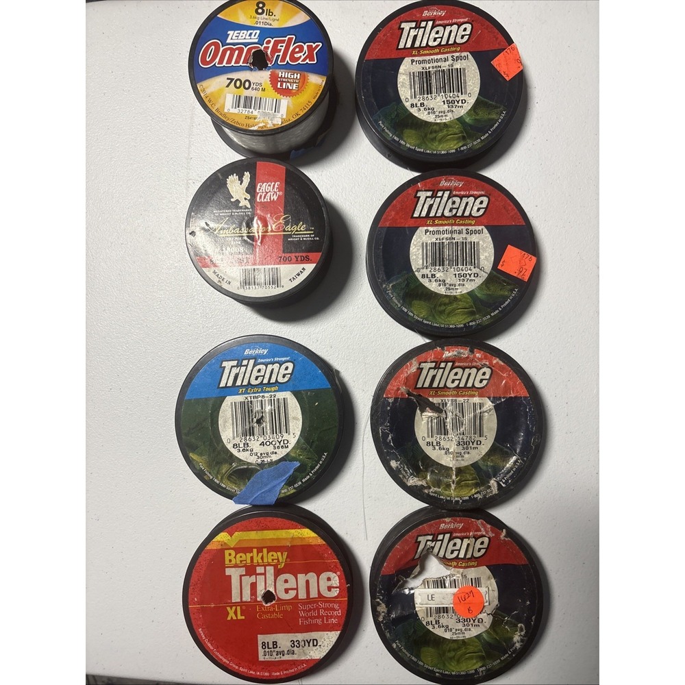 Lot of 8 Vintage Fishing Line Spool Zebco Trilene Eagle Claw Tons Of String